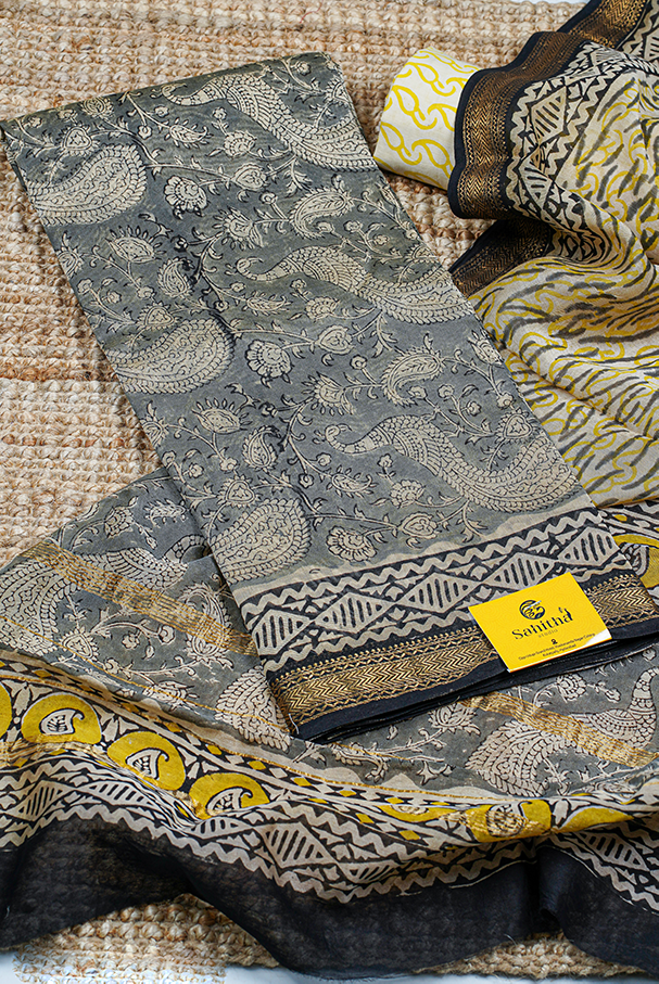 Grey Maheshwari Hand Block Printed Dress Material with Paisley Design and Gold Zari Black Border