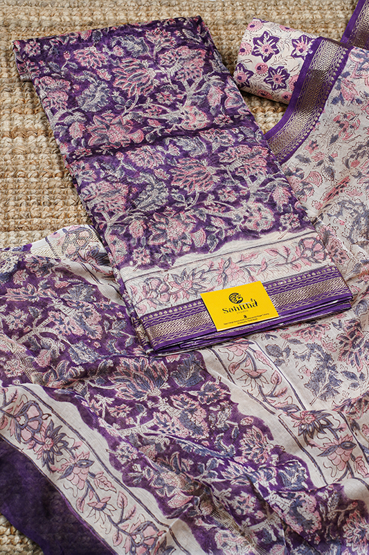 Purple Maheshwari Hand Block Printed Dress Material with Floral and Leaves Design, Gold Zari Border, and Cream Dupatta