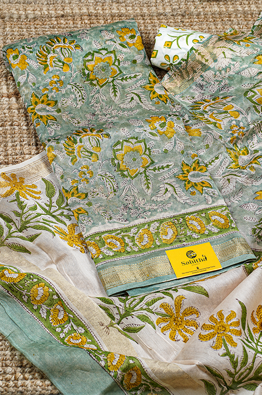 Sage Green Maheshwari Hand Block Printed Dress Material with Floral and Leaves Design, Gold Zari Border, and Cream Dupatta