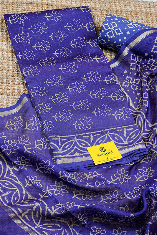 Blue Chanderi Hand Block Printed Dress Material with Floral Buttis, Woven Border, and Gold Zari Blue Dupatta