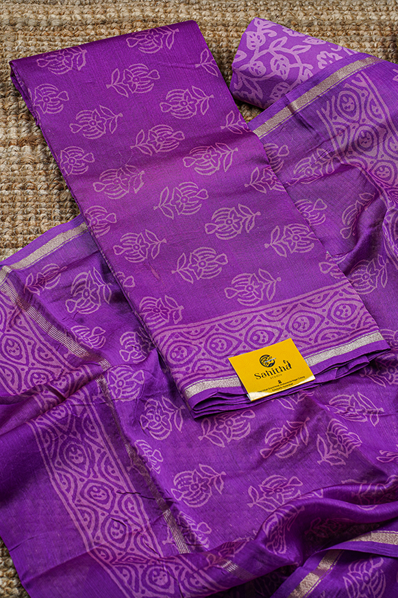 Purple Chanderi Hand Block Printed Dress Material with Floral Buttis, Woven Border, and Gold Zari Border Purple Dupatta