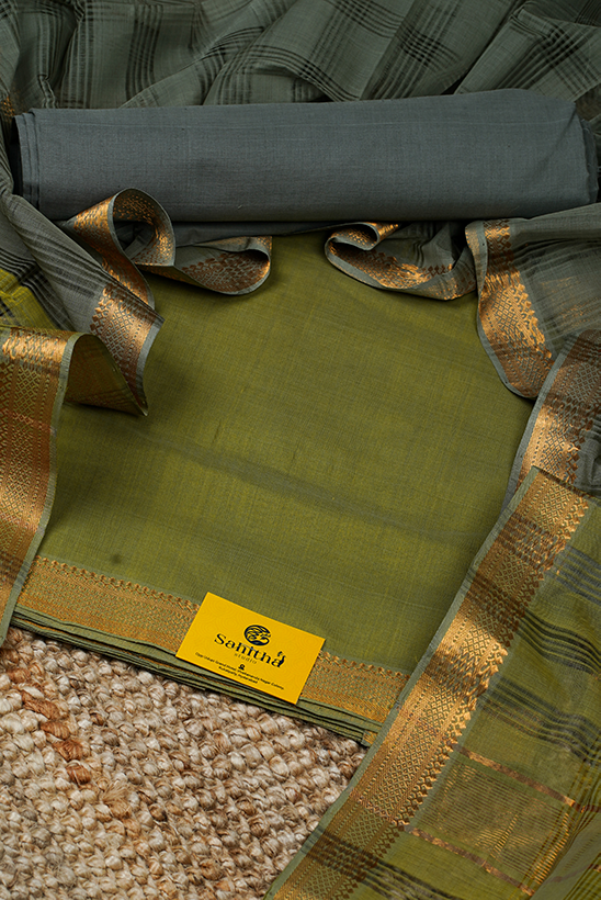 Sage Green Handloom Cotton Mangalagiri Dress Material with Dual Tone Zari Border and Forest Green Checks Dupatta