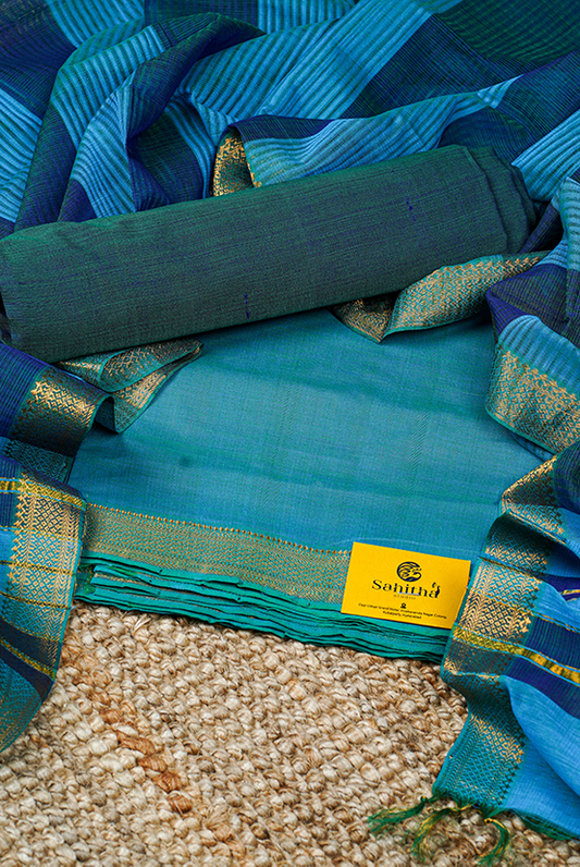 Light Blue Handloom Cotton Mangalagiri Dress Material with Dual Tone Zari Border and Midnight Blue Checks Dupatta