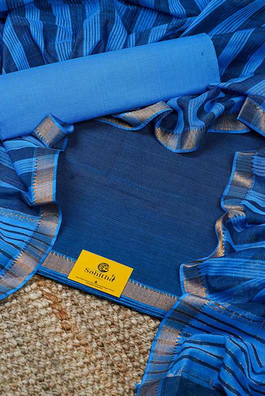 Blue Handloom Cotton Mangalagiri Dress Material with Dual Tone Zari Border and Blue Striped Dupatta