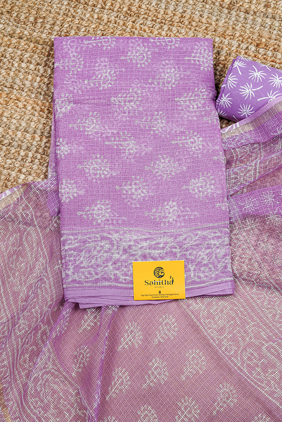 Lilac Handloom Kota Dress Material with Hand Block Printed Floral Buttis and Lilac Block Print Dupatta