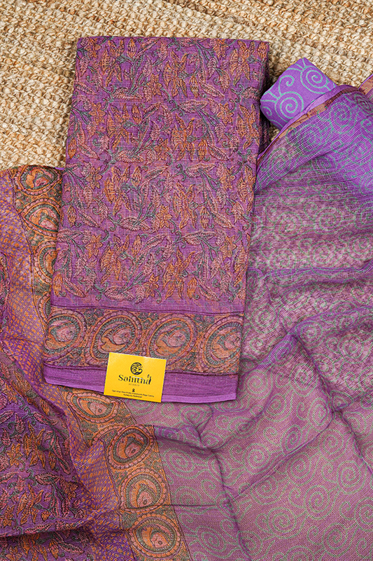 Orange Handloom Kota Dress Material with Hand Block Printed Florals and Leaves Design and Lilac Block Print Dupatta