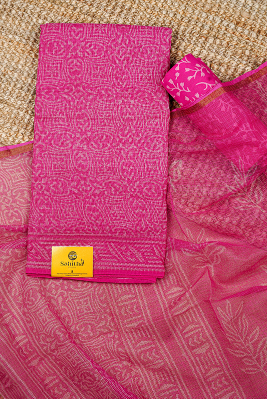 Pink Handloom Kota Dress Material with Hand Block Printed Florals and Leaves Design and Pink Block Print Dupatta