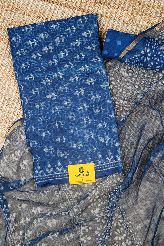 Indigo Blue Handloom Kota Dress Material with Hand Block Printed Leaves Design and Indigo Blue Block Print Dupatta