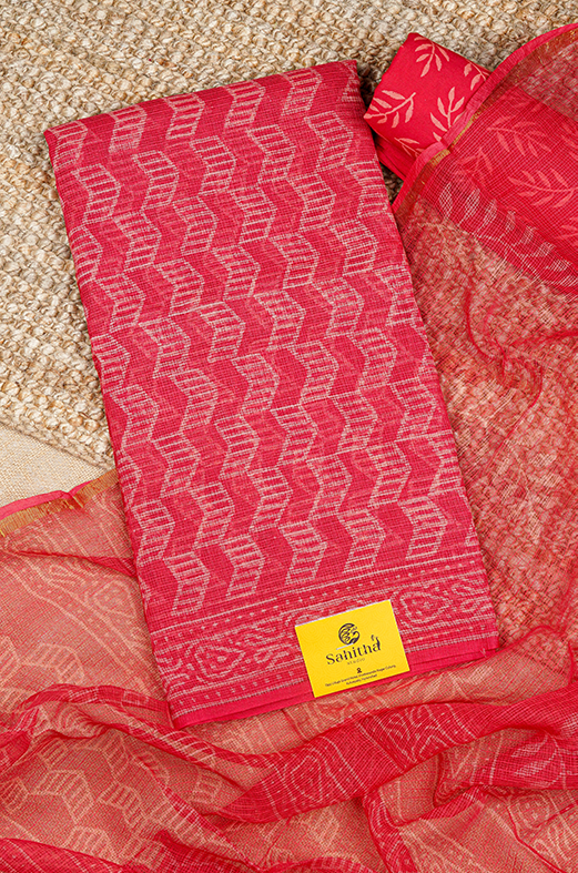 Tangy Orange Handloom Kota Dress Material with Hand Block Printed Geometrical Design and Orange Block Print Dupatta