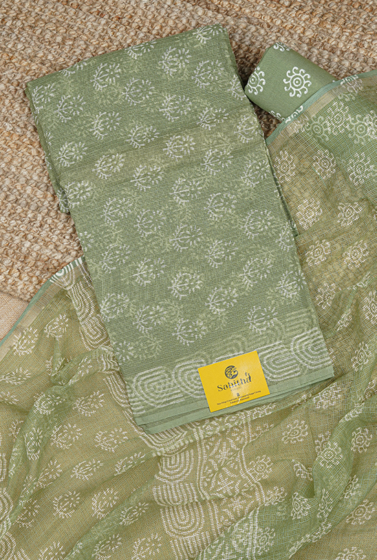 Elachi Green Handloom Kota Dress Material with Hand Block Printed Floral Buttis and Elachi Green Block Print Dupatta