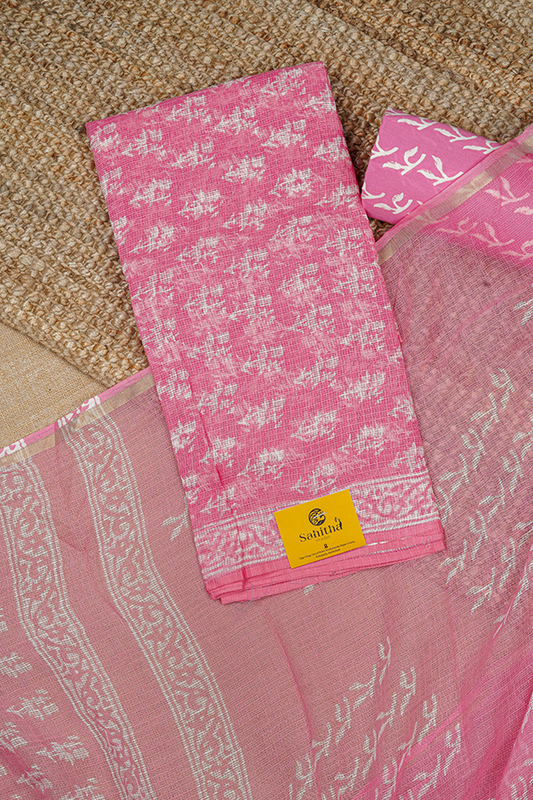 Baby Pink Handloom Kota Dress Material with Hand Block Printed Leaves Design and Baby Pink Block Print Dupatta