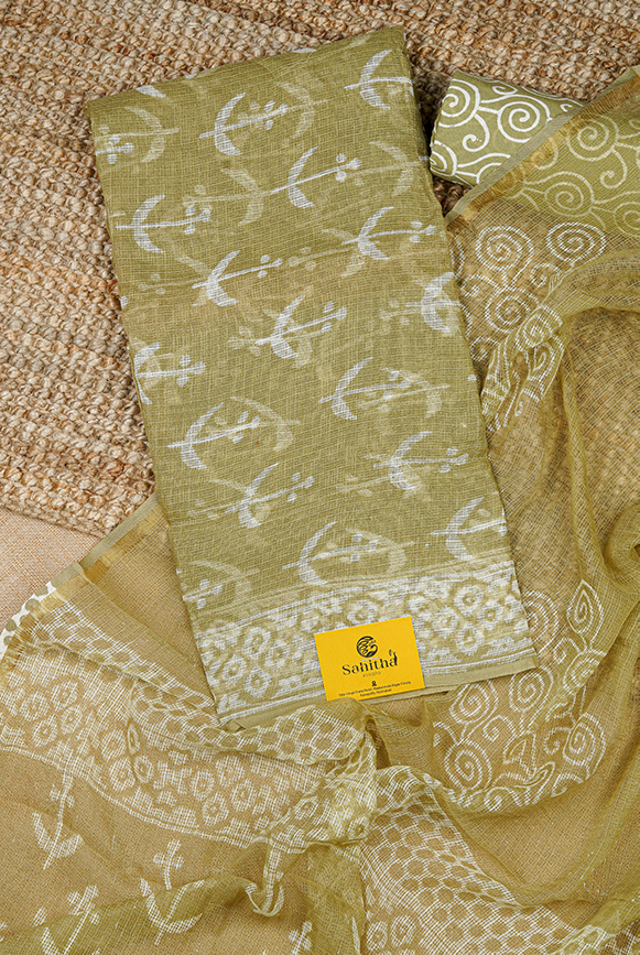 Olive Green Handloom Kota Dress Material with Hand Block Printed Leaves Design and Olive Green Block Print Dupatta