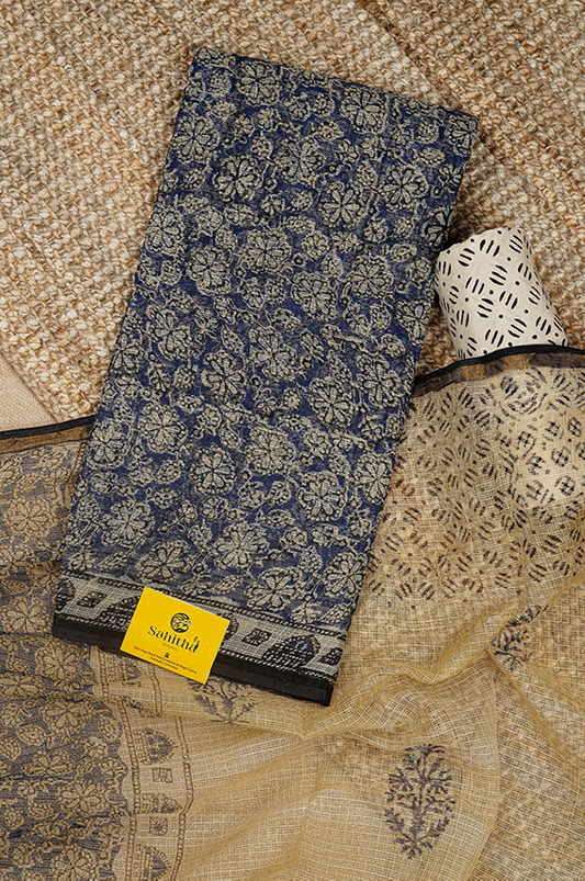 Blue Handloom Kota Dress Material with Allover Hand Block Printed Floral Design and Cream Block Print Dupatta