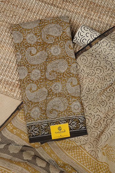 Mustard Handloom Kota Dress Material with Hand Block Printed Paisley Design, Block Print Dupatta, and Cream Block Print Bottom