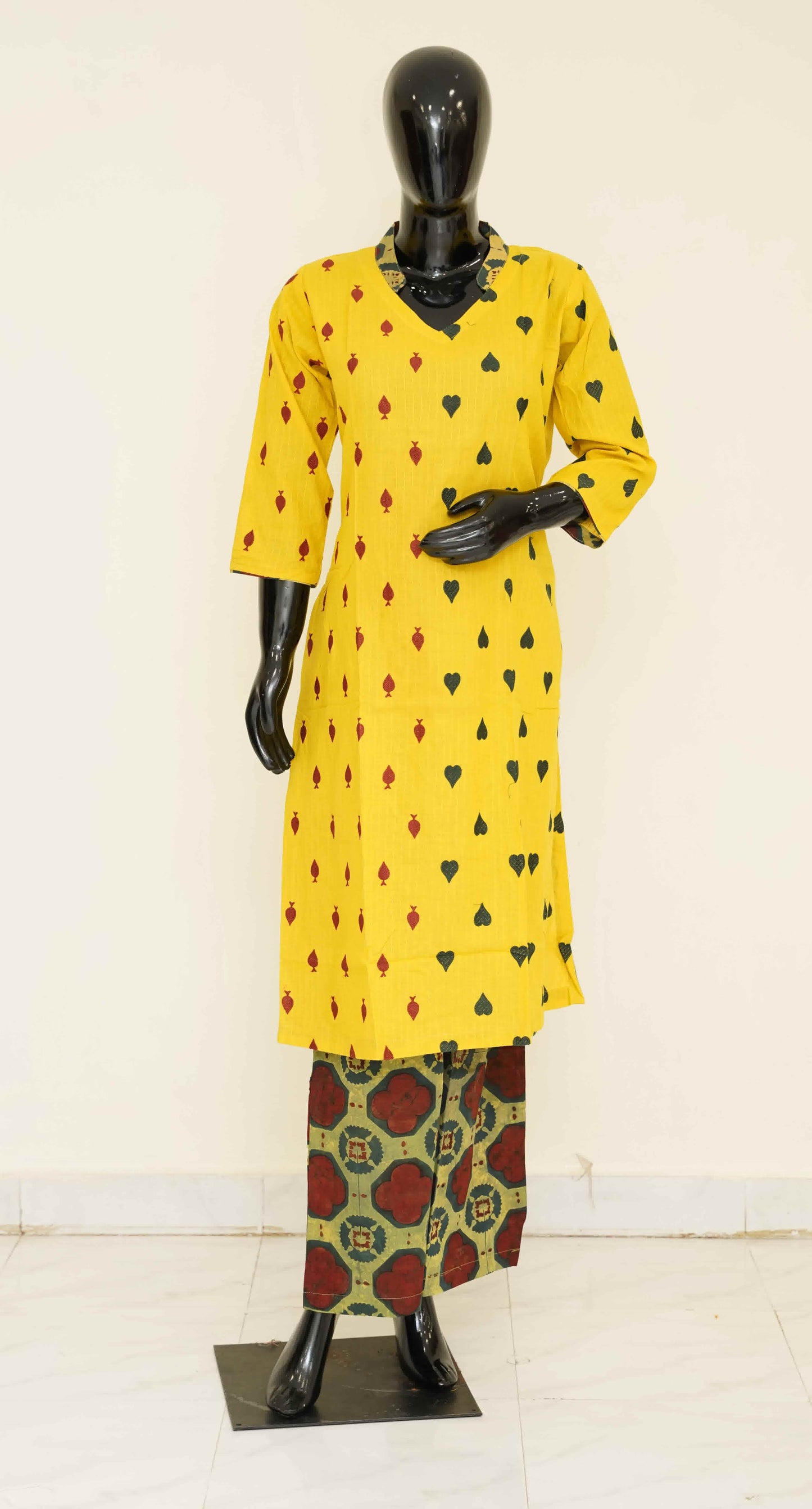 Yellow Pure Cotton 2-Piece Set with Ajrakh Block Printed Pants – M to 2XL