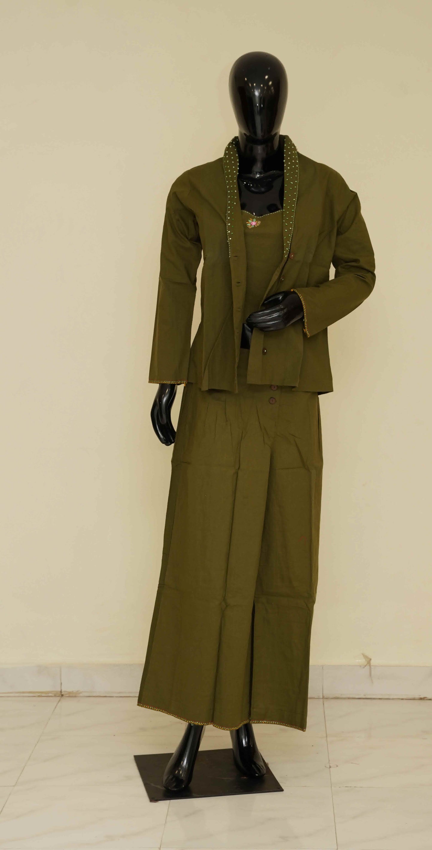 Olive Green colour Pure Cotton 2-Piece Dress Set – Medium to 2XL