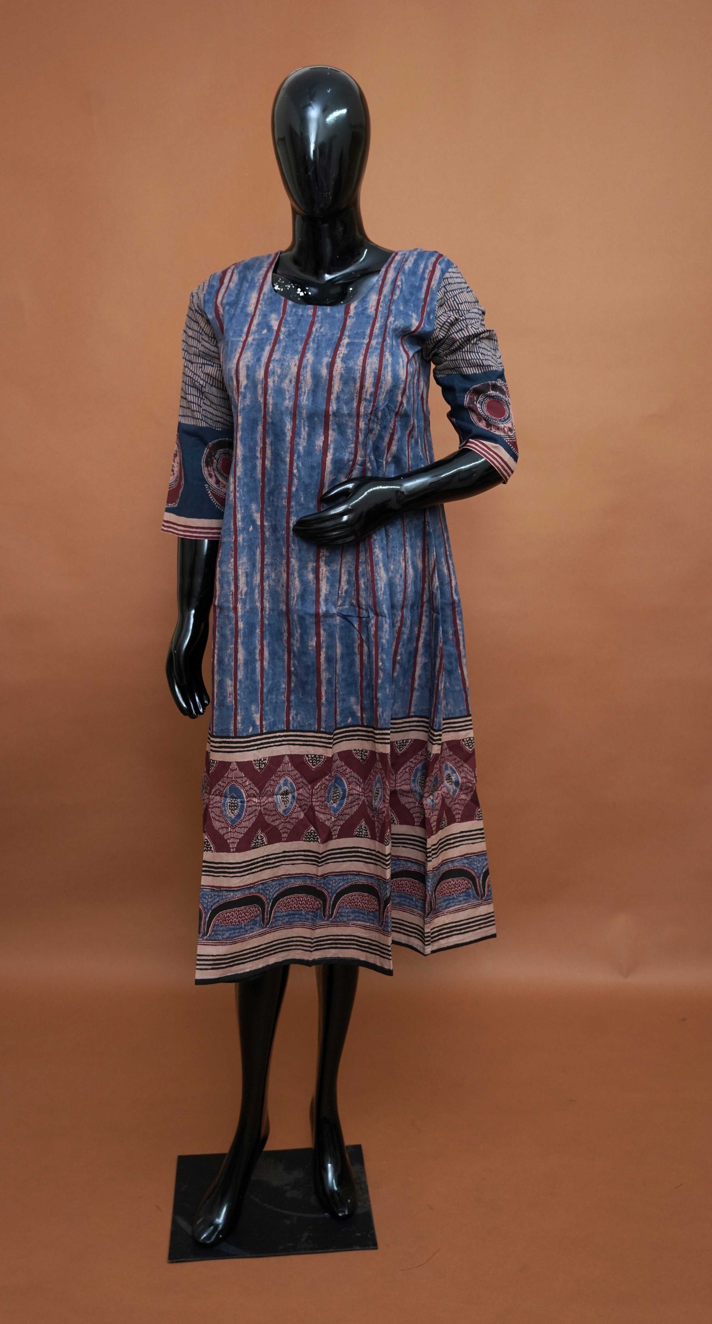 Blue Colour Ajrakh Print Cotton Frock Style Top – Medium to 2XL